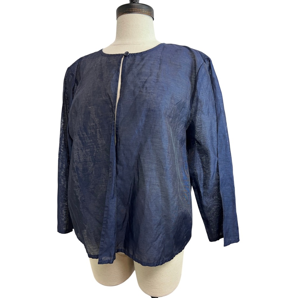 Eileen Fisher Cardigan Women M Navy Blue Excellent Linen Blend Sheer Open Front